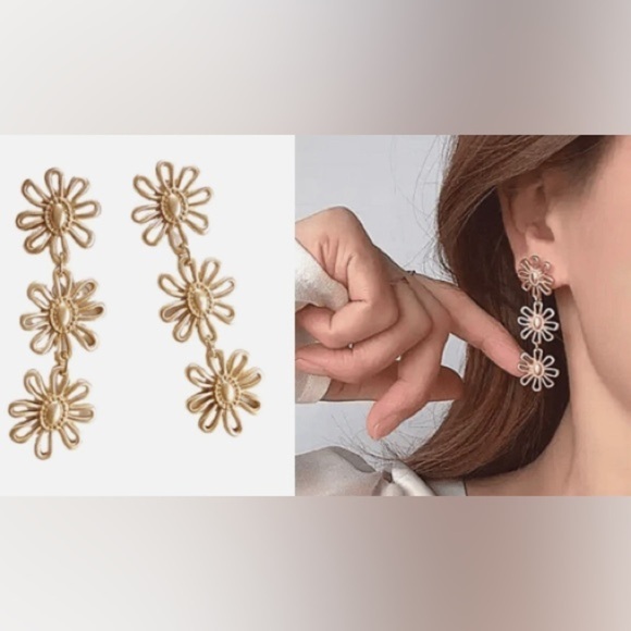 Dainty Elegant Gold Trio Flower Dangle Earrings - Picture 2 of 10